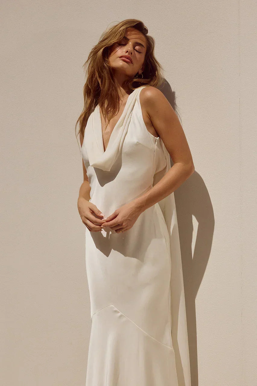 Satin Cowl Neck Sleeveless Draped Back Cape Maxi Dress 3