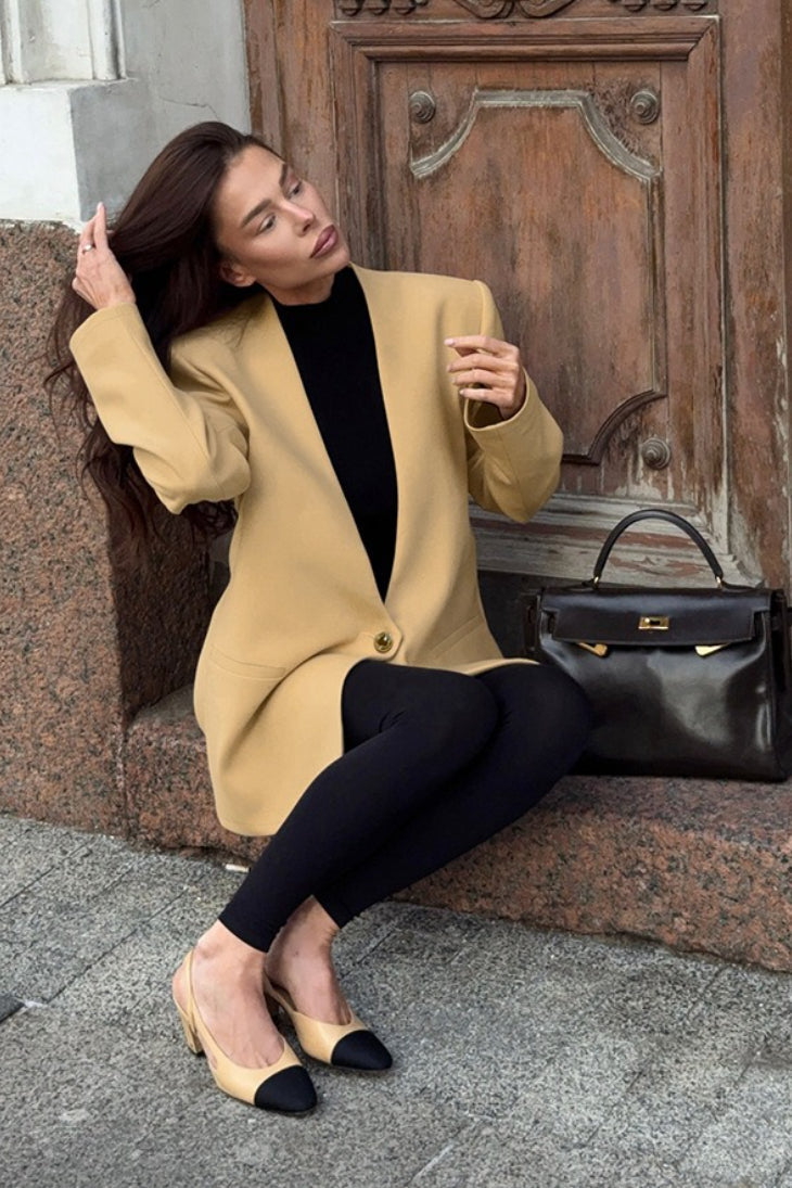 Collarless Deep V-Neck Single Button Oversized Longline Blazer 4