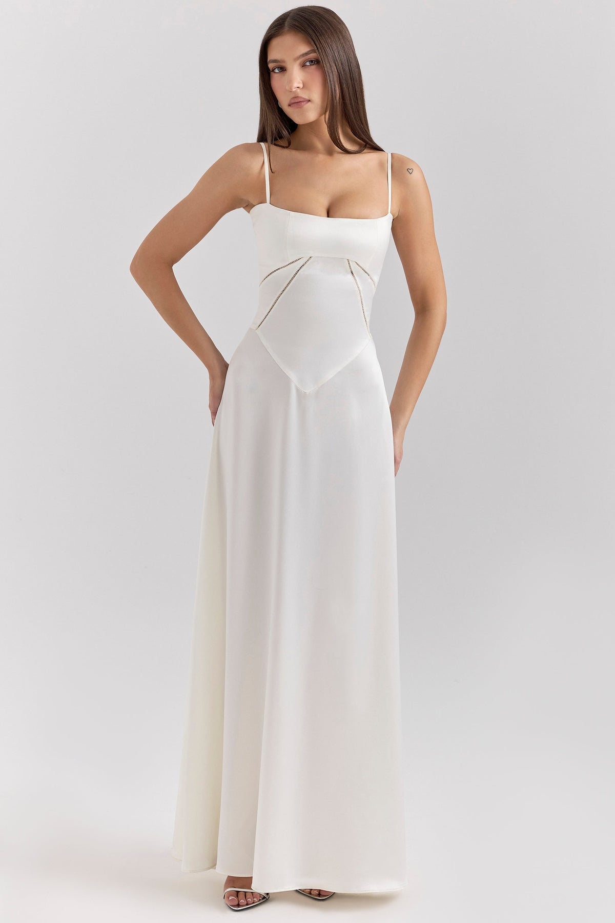 Satin Square Neck Cut Out Panel Spaghetti Strap Maxi Dress