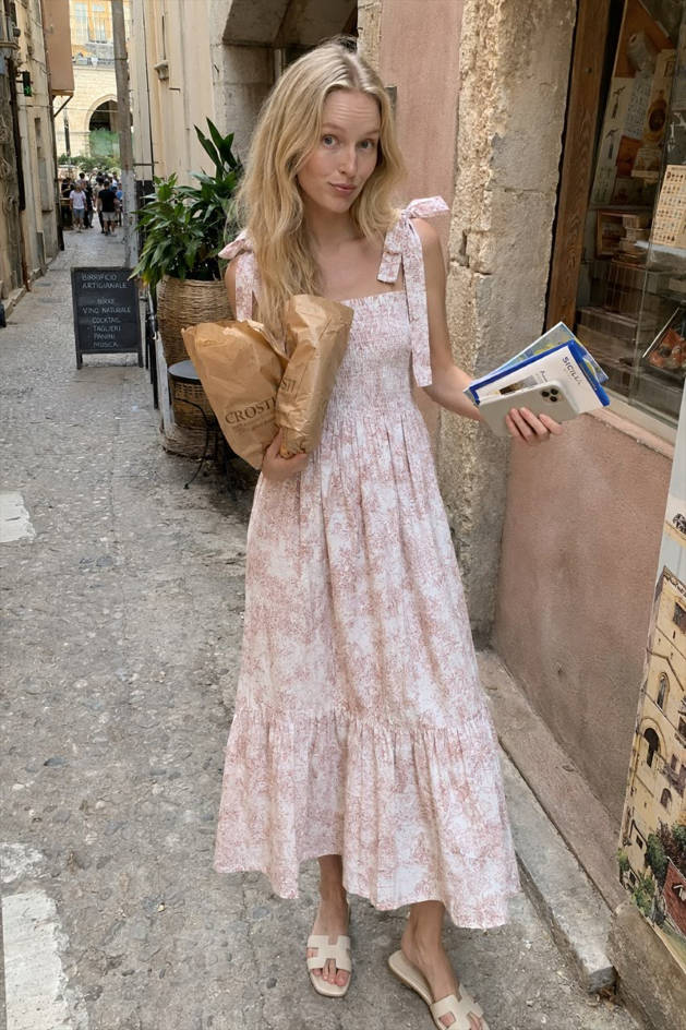Bow-Strap Floral Smocked Midi Dress