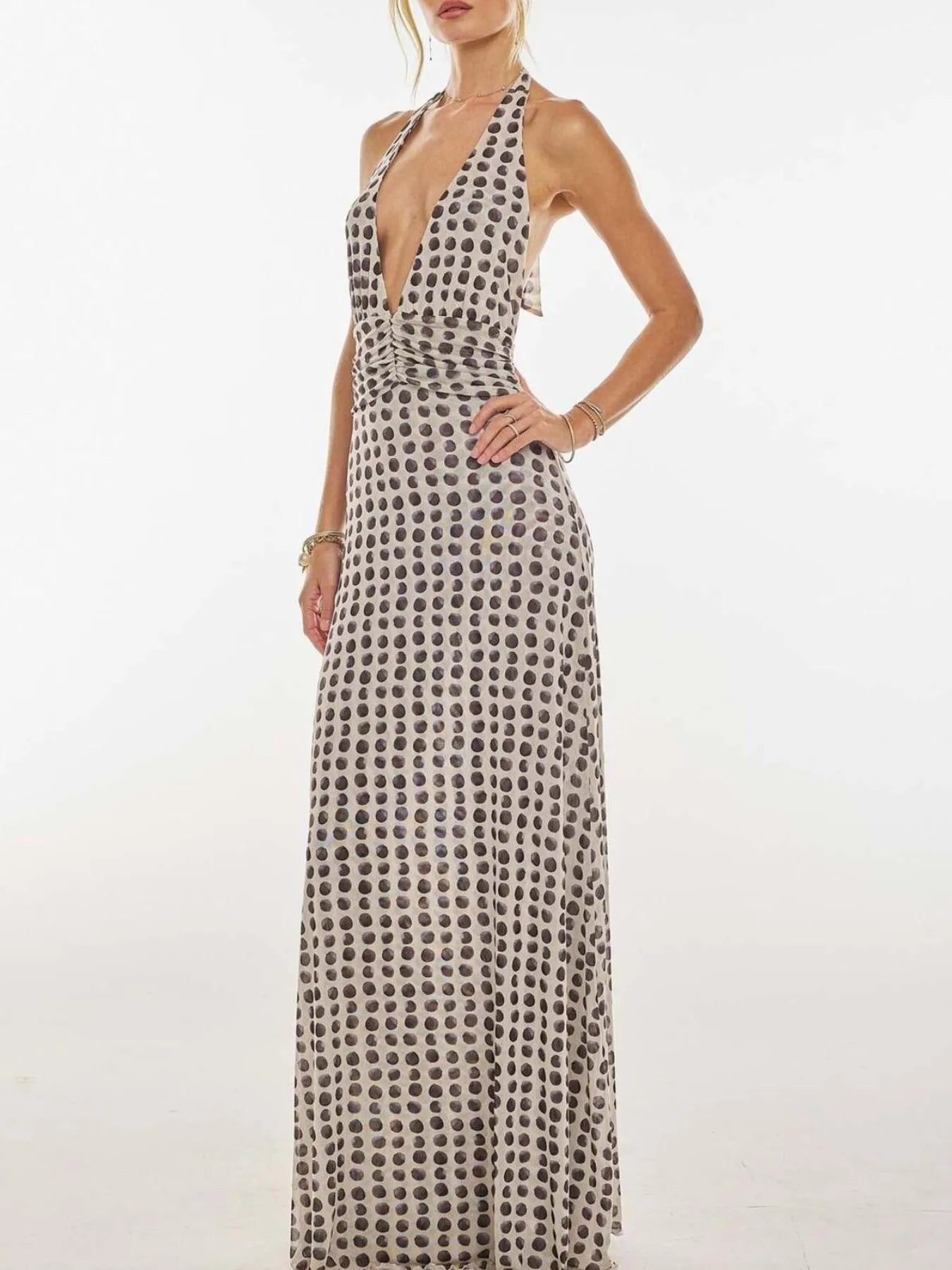 Floral Halter Neck Deep V-Neck Ruched Maxi Dress 8