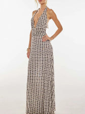 Floral Halter Neck Deep V-Neck Ruched Maxi Dress 8