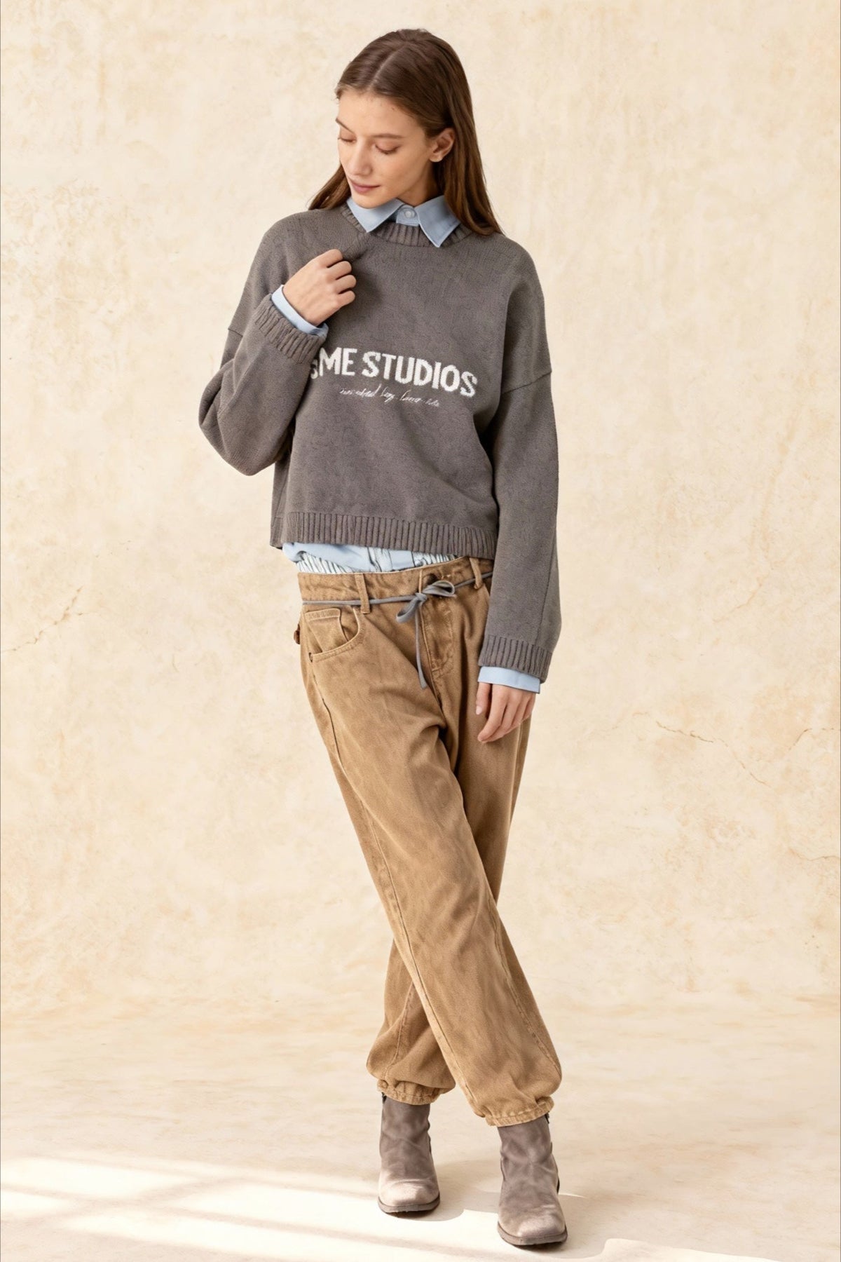 Crew Neck Long Sleeve Letter Graphic Ribbed Trim Knit Sweater 3