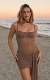 Square Neck Mesh Panel Ruched Wrap Slip Dress