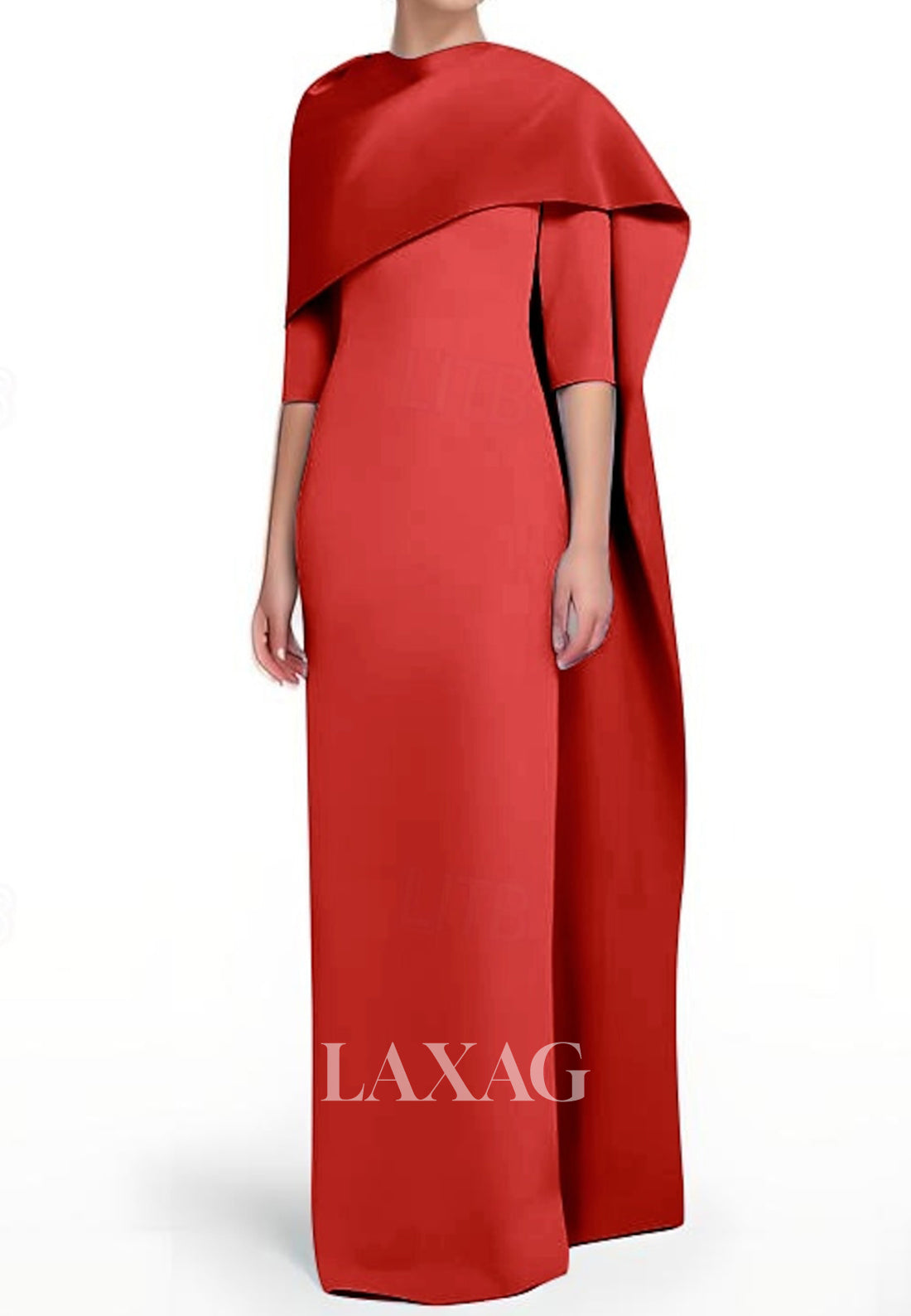 Simple High-Neck Half-Sleeves Fitted Wedding Guest Dress Floor-Length Satin Formal Gowns with Overlay