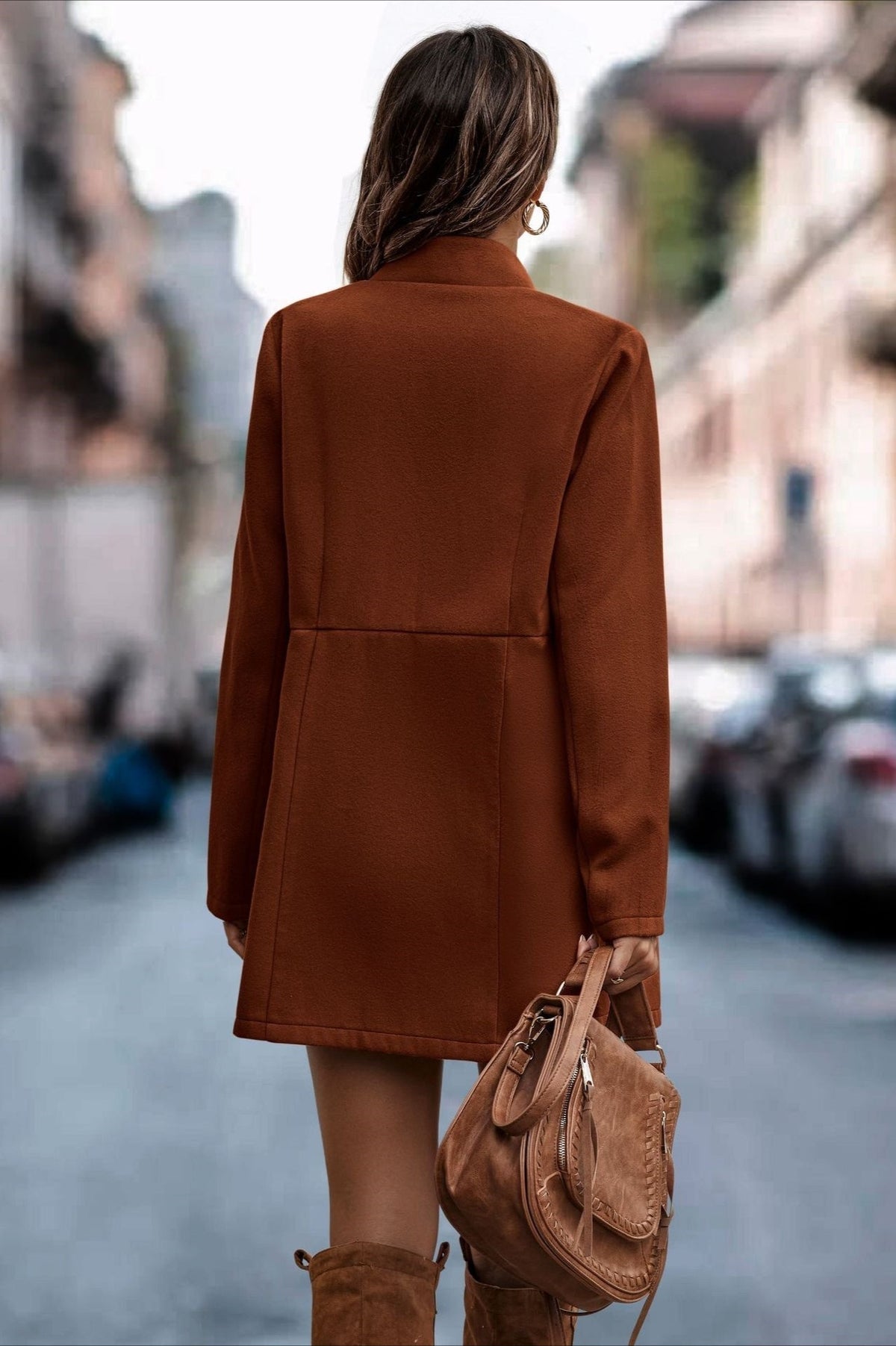 Collarless Open Front Long Sleeve Seamed Mid Length Coat 4