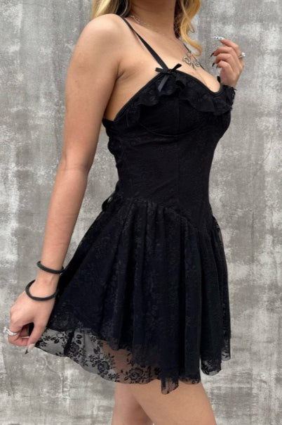 Embroidered Spaghetti Strap Corset Bodice Fit and Flare Mini Dress 15