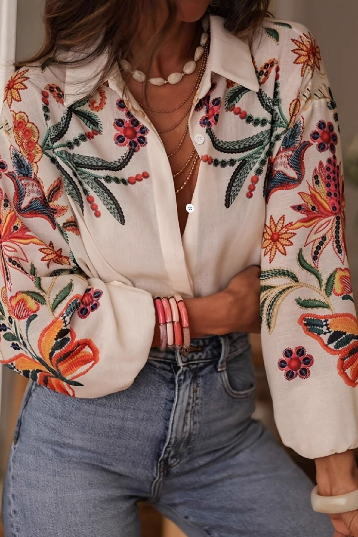Floral Print Collared Button Front Lantern Sleeve Blouse