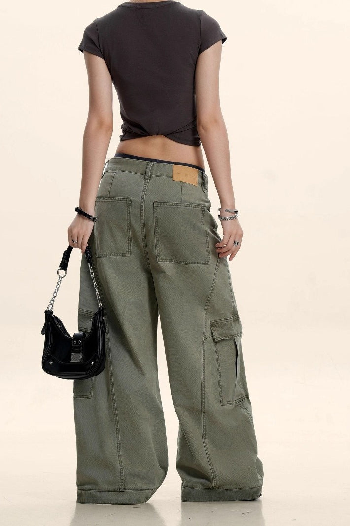 Washed Denim-Look Curved Seam Baggy Barrel Leg Cargo Pants 2