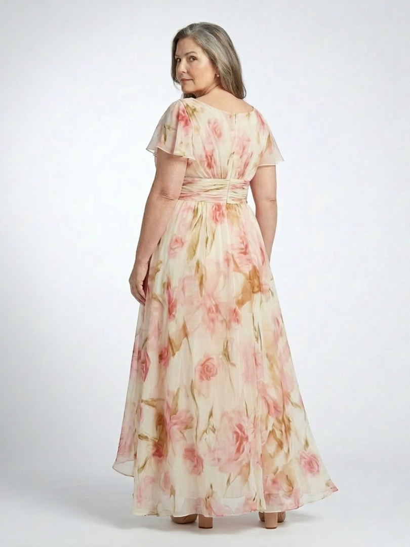 Floral V-Neck Flutter Sleeve Chiffon Maxi Dress