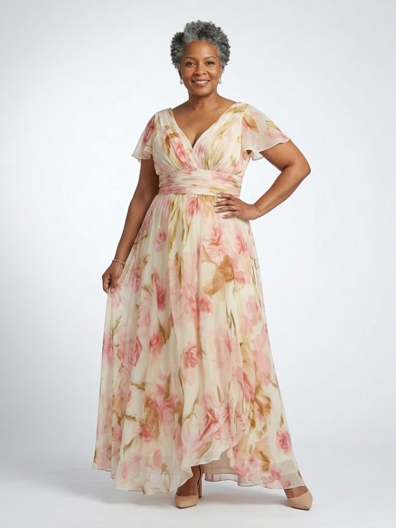 Floral V-Neck Flutter Sleeve Chiffon Maxi Dress