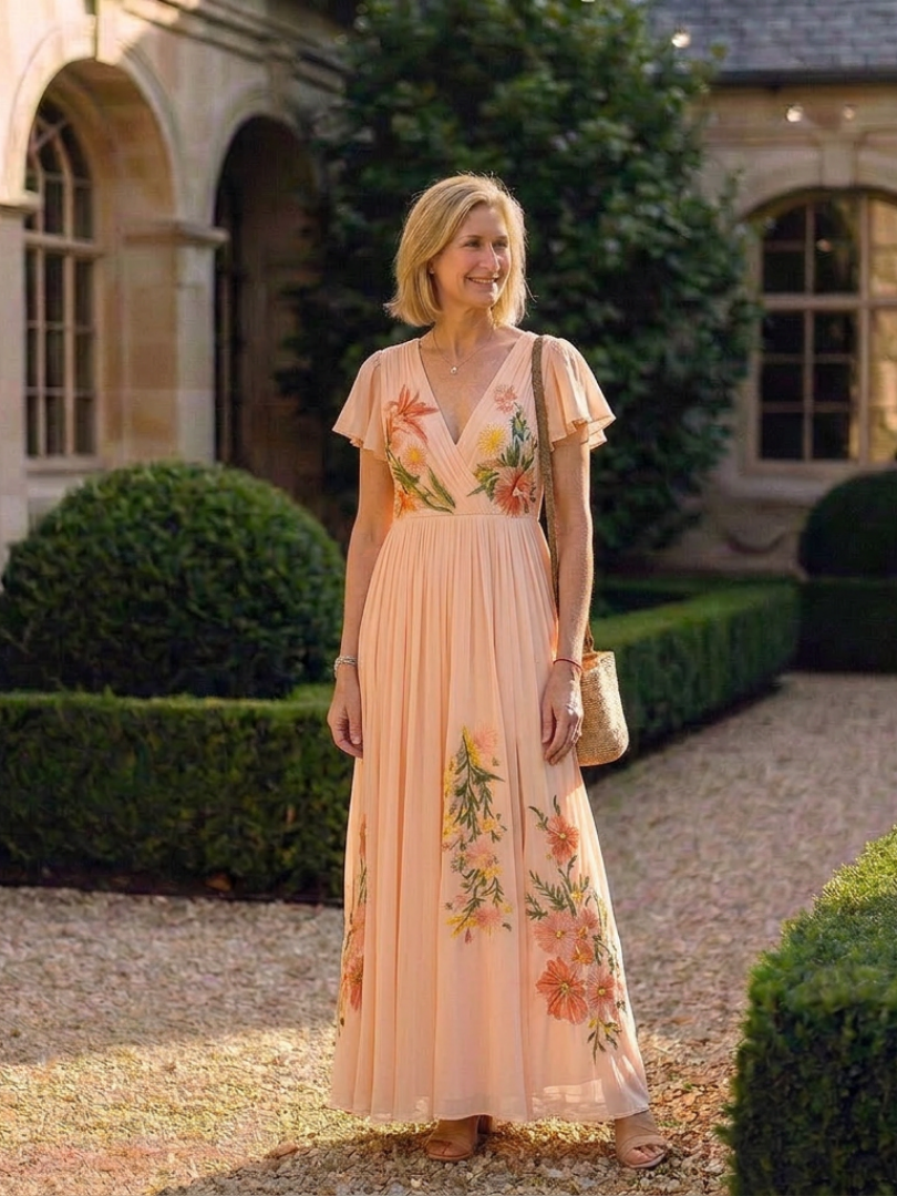 V-Neck Flutter Sleeve Floral Embroidered Chiffon Maxi Dress