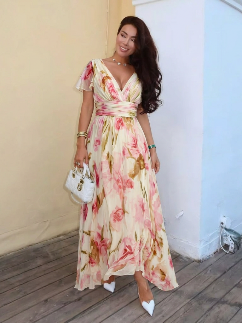Floral V-Neck Flutter Sleeve Chiffon Maxi Dress