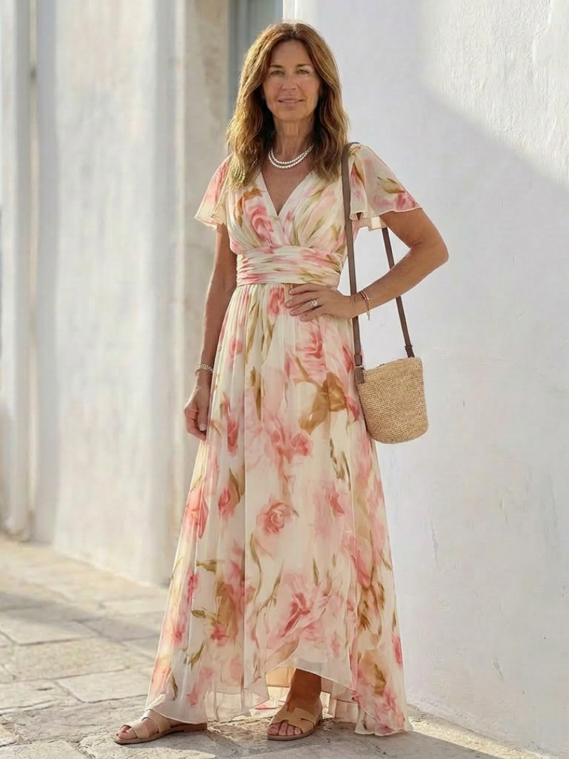 Floral V-Neck Flutter Sleeve Chiffon Maxi Dress
