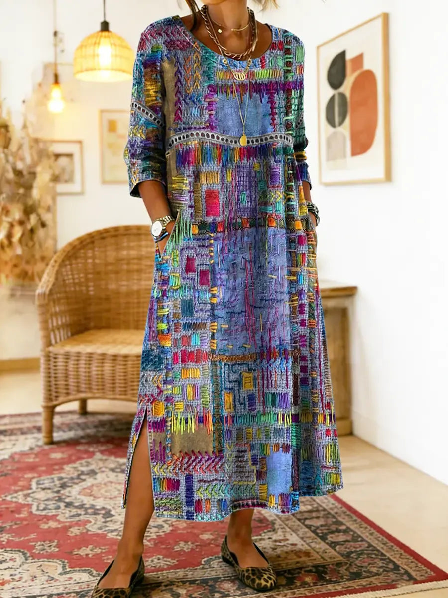 Patchwork Print Round Neck Pocket A-Line Maxi Dress