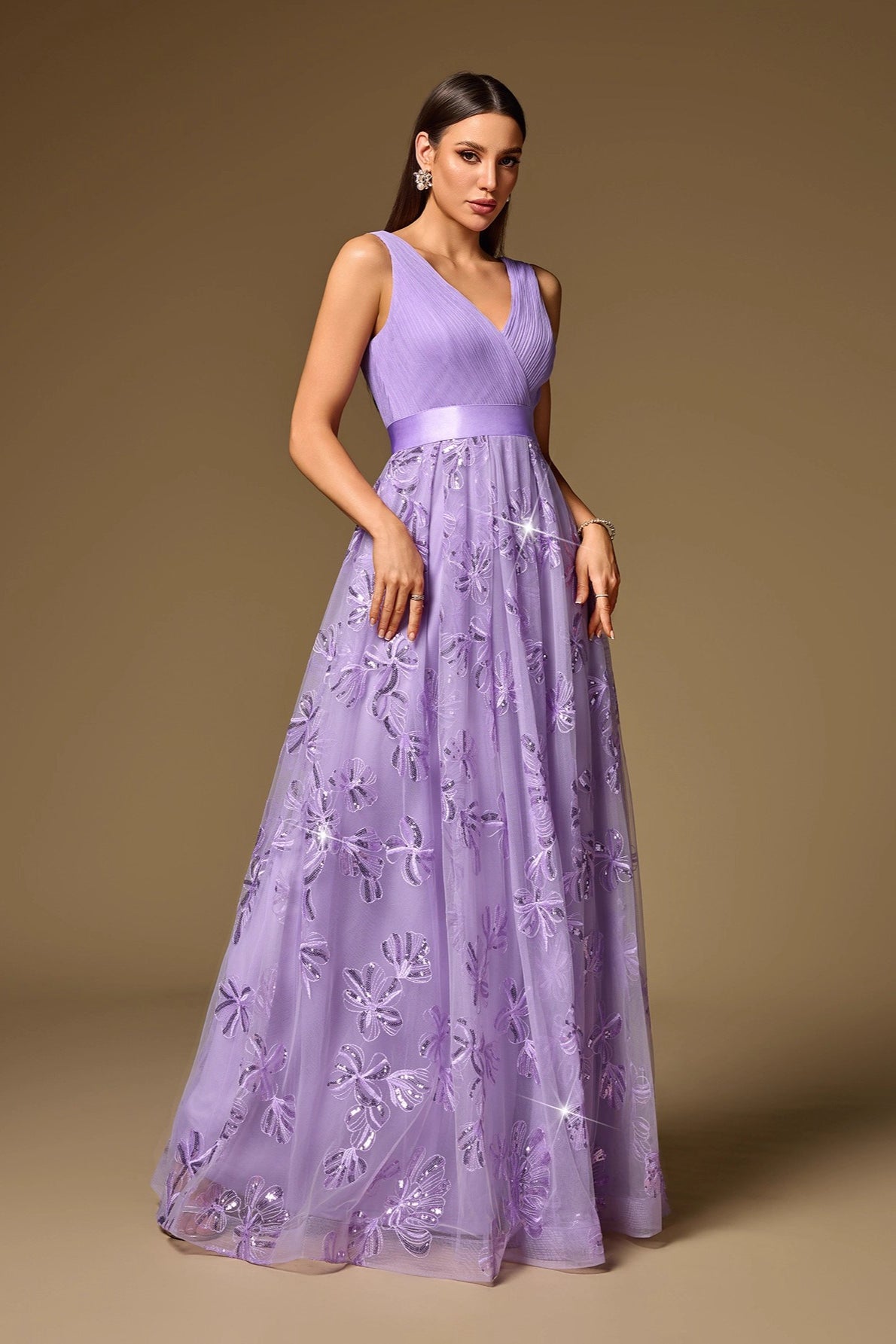 Double V Neck Short Sleeve Prom Dress