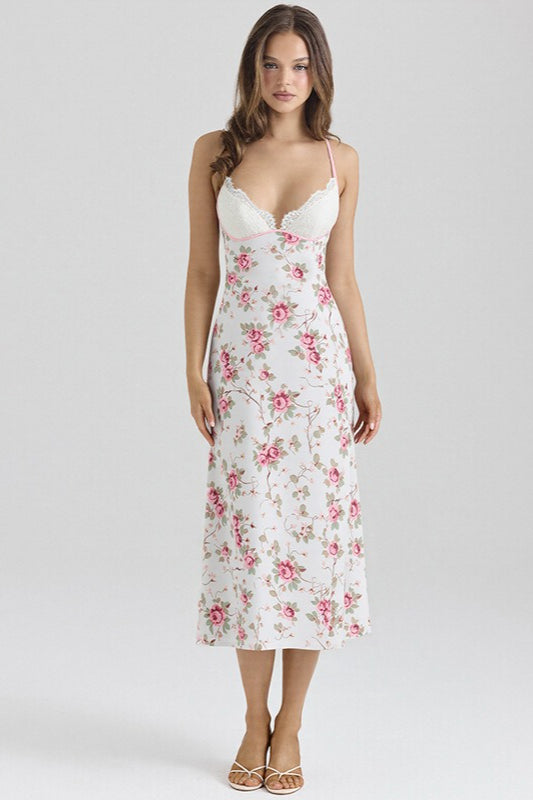 Floral Spaghetti Strap Lace Trim Sweetheart Slip Maxi Dress