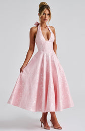 Jacquard Halter Deep V-Neck Fit and Flare Midi Dress 6