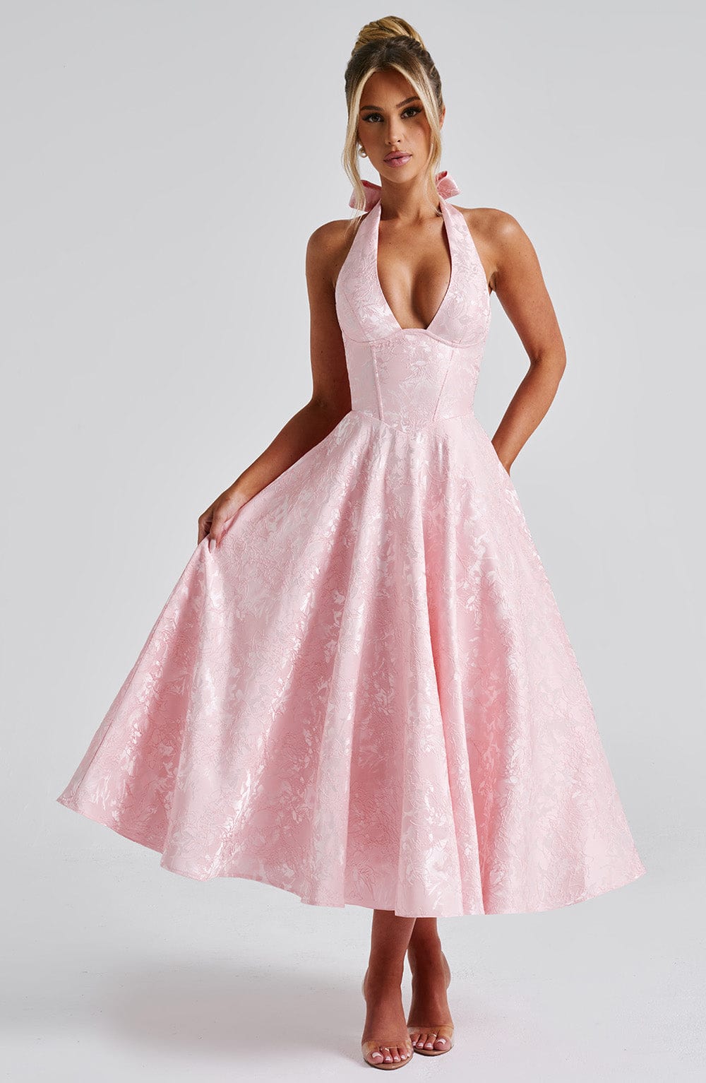 Jacquard Halter Deep V-Neck Fit and Flare Midi Dress 10