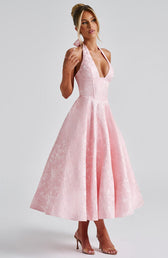 Jacquard Halter Deep V-Neck Fit and Flare Midi Dress 9