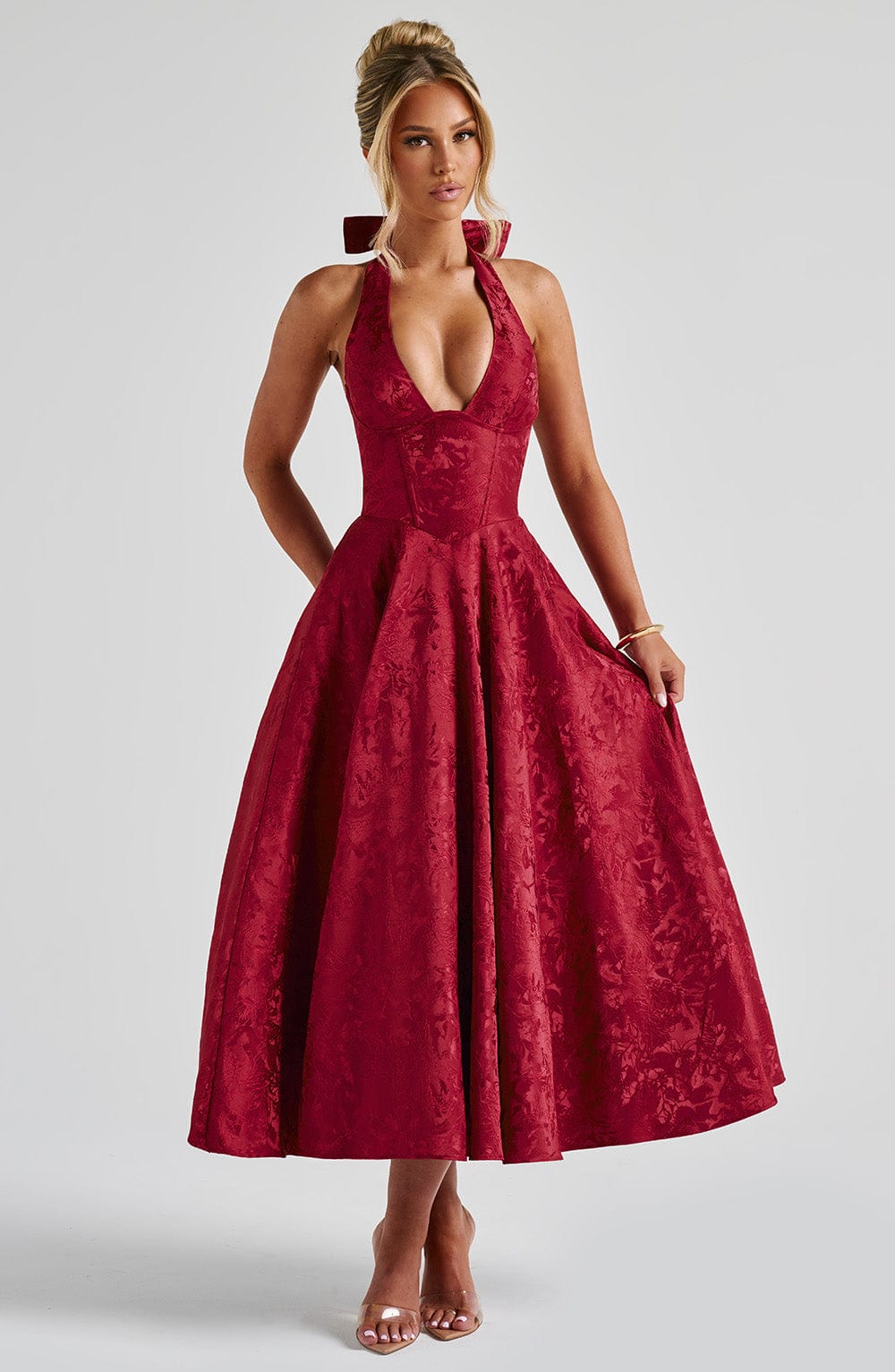 Jacquard Deep V-Neck Halter A-Line Midi Dress