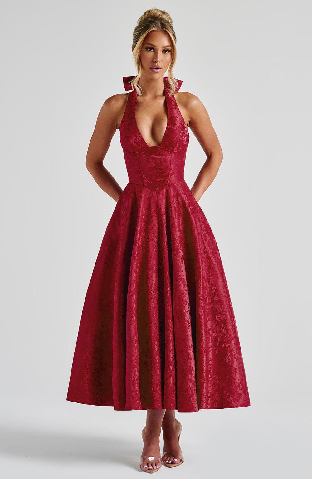 Jacquard Deep V-Neck Halter A-Line Midi Dress 5