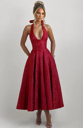 Jacquard Deep V-Neck Halter A-Line Midi Dress 8