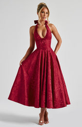 Jacquard Deep V-Neck Halter A-Line Midi Dress 3