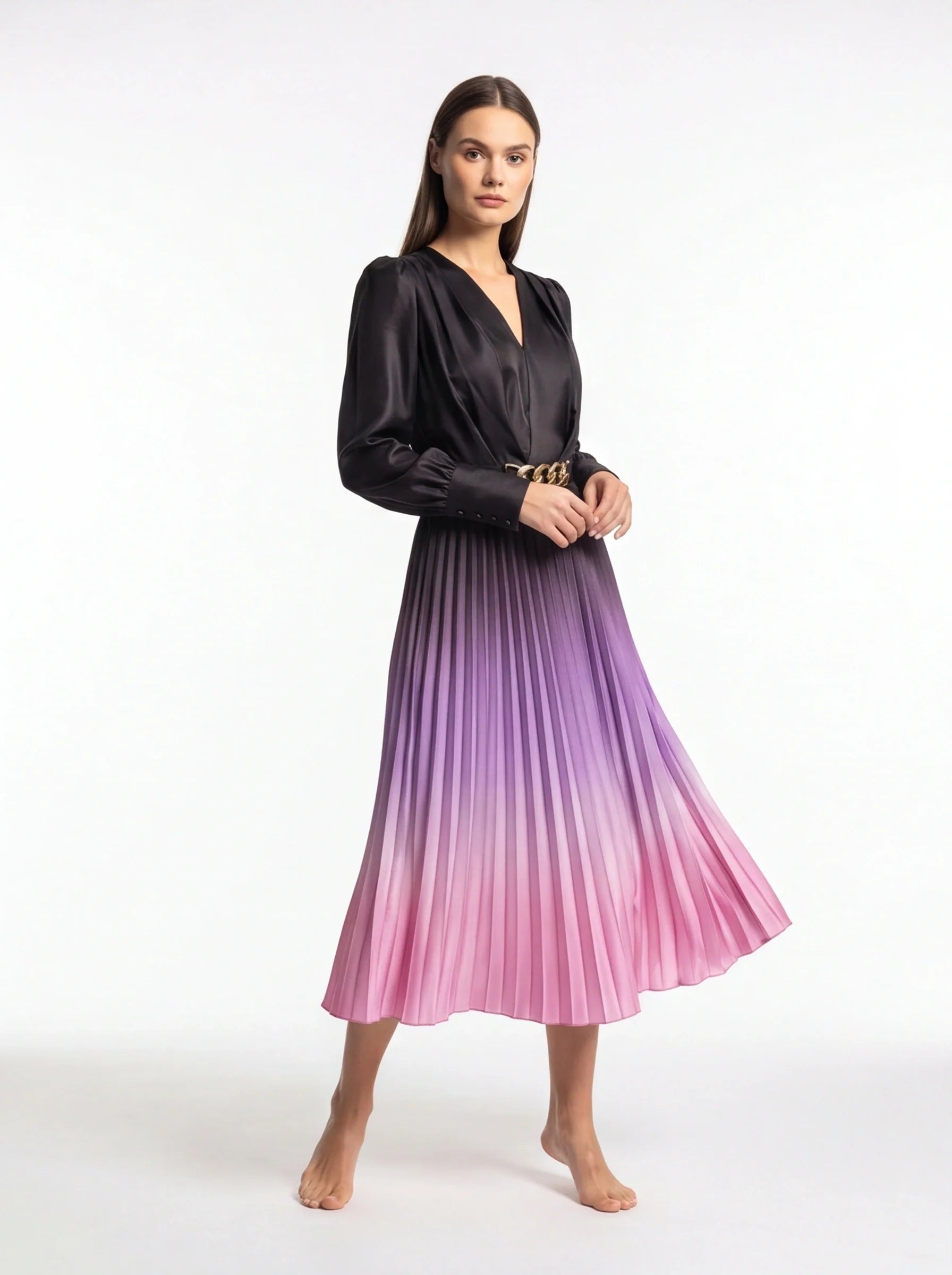 Stylish Ombre Midi Dress with Elegant Sleeves and Flattering Fit