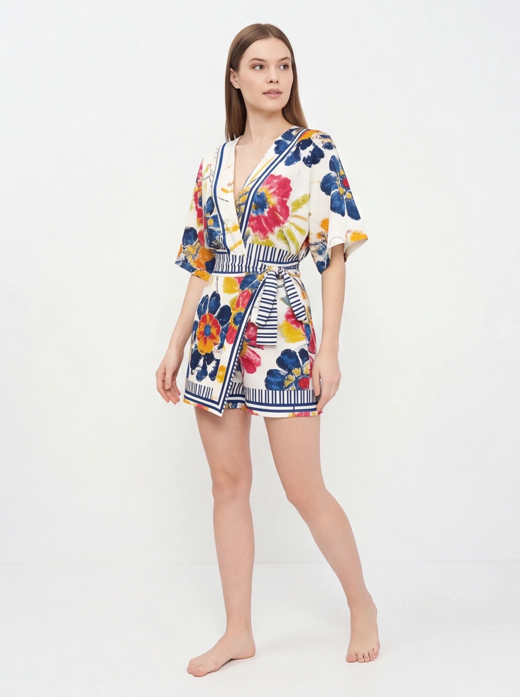 Elegant Floral Print Summer Romper with Adjustable Straps & Pockets - Jamota