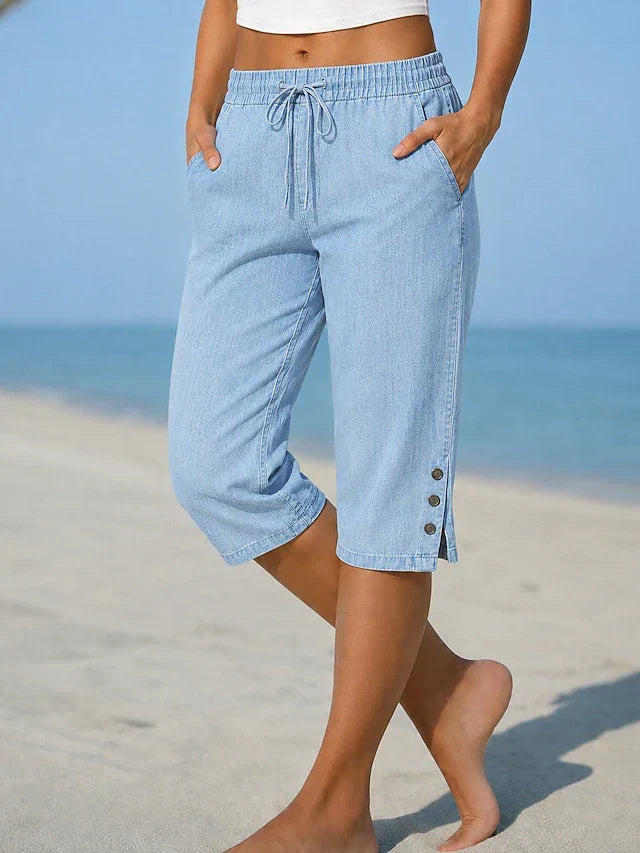 Drawstring Waist Button Hem Cropped Capri Pants