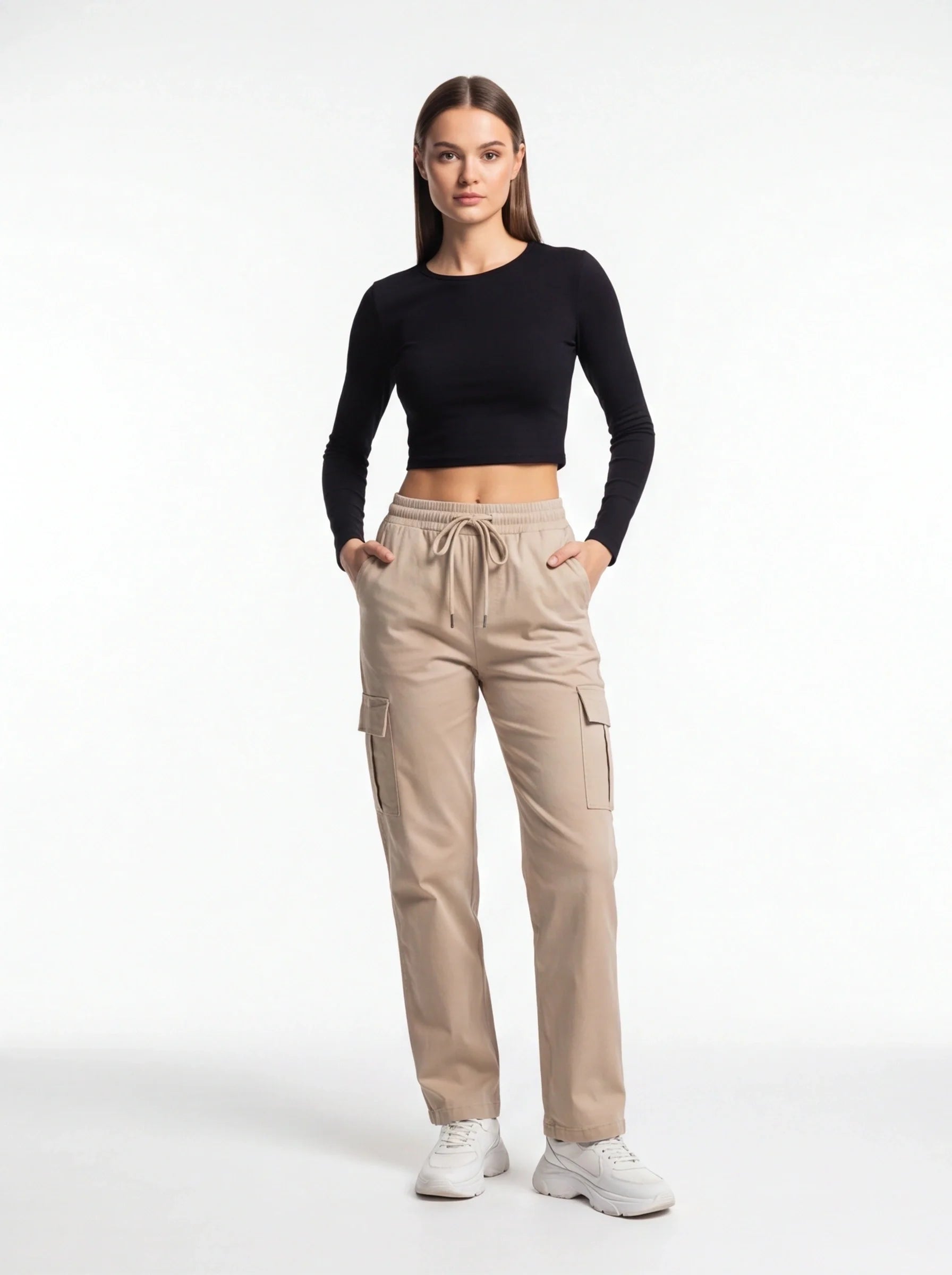 Jamota High Waist Black Cargo Trousers With Stretch Fabric And Pockets For All Day Comfort