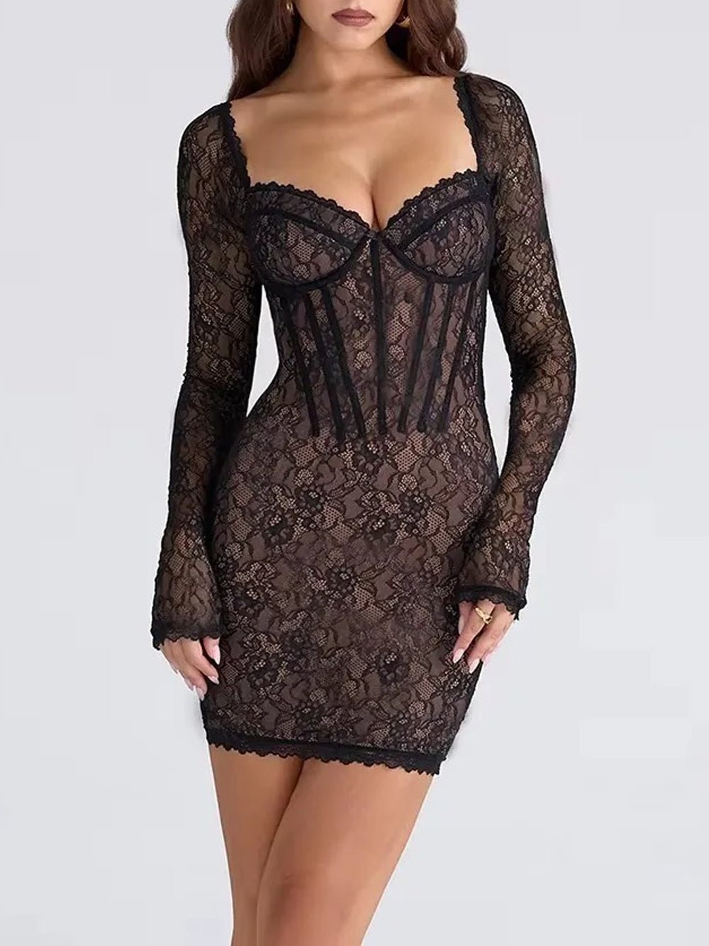 Sheer Lace Long Sleeve Corset Bodice Bodycon Mini Dress
