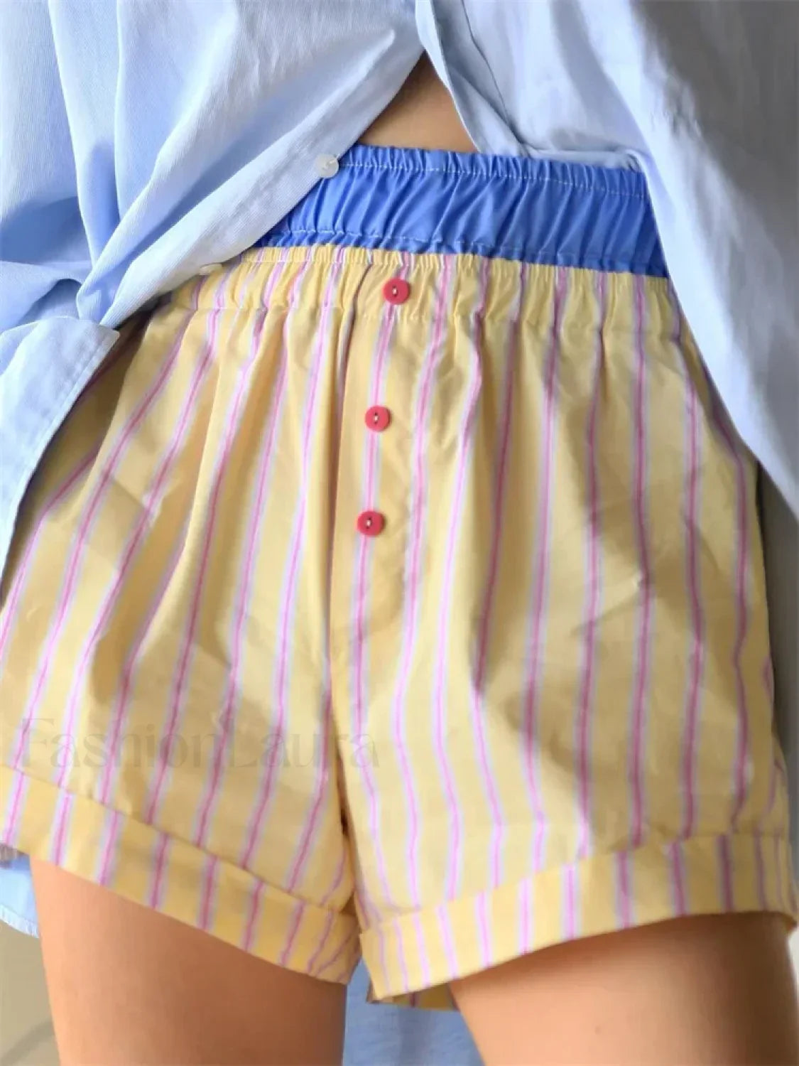 Elastic High Waist Patchwork Striped Print Casual Summer Short beige / S