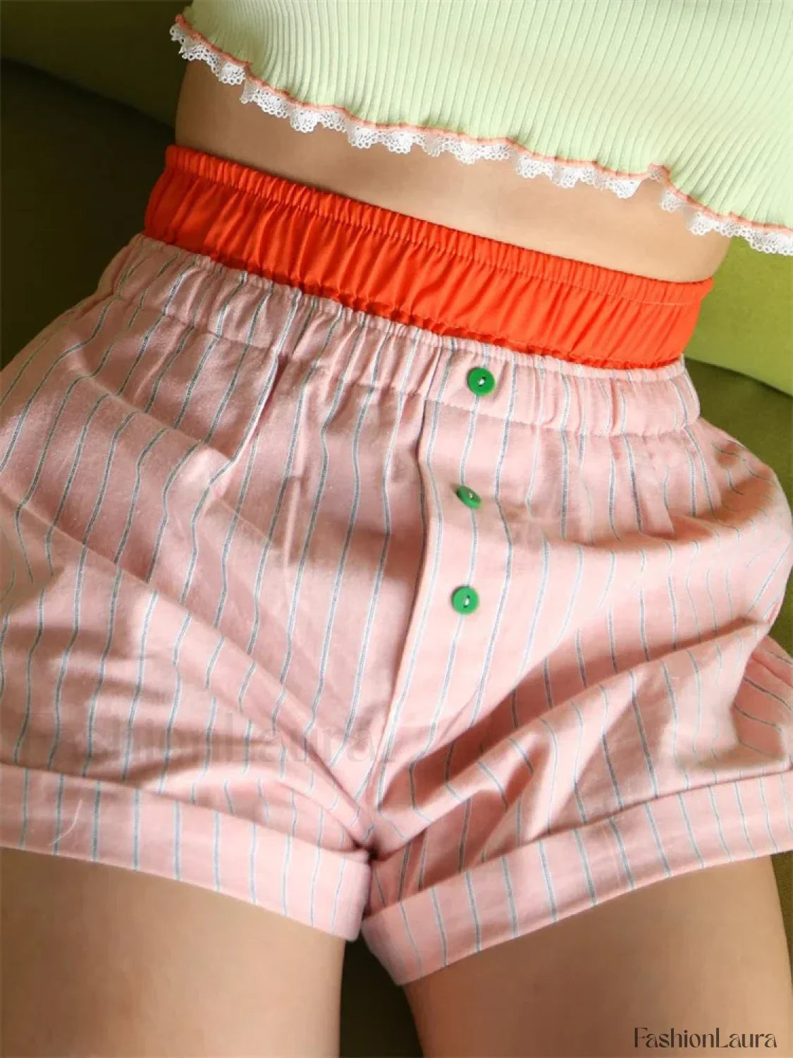 Elastic High Waist Patchwork Striped Print Casual Summer Short