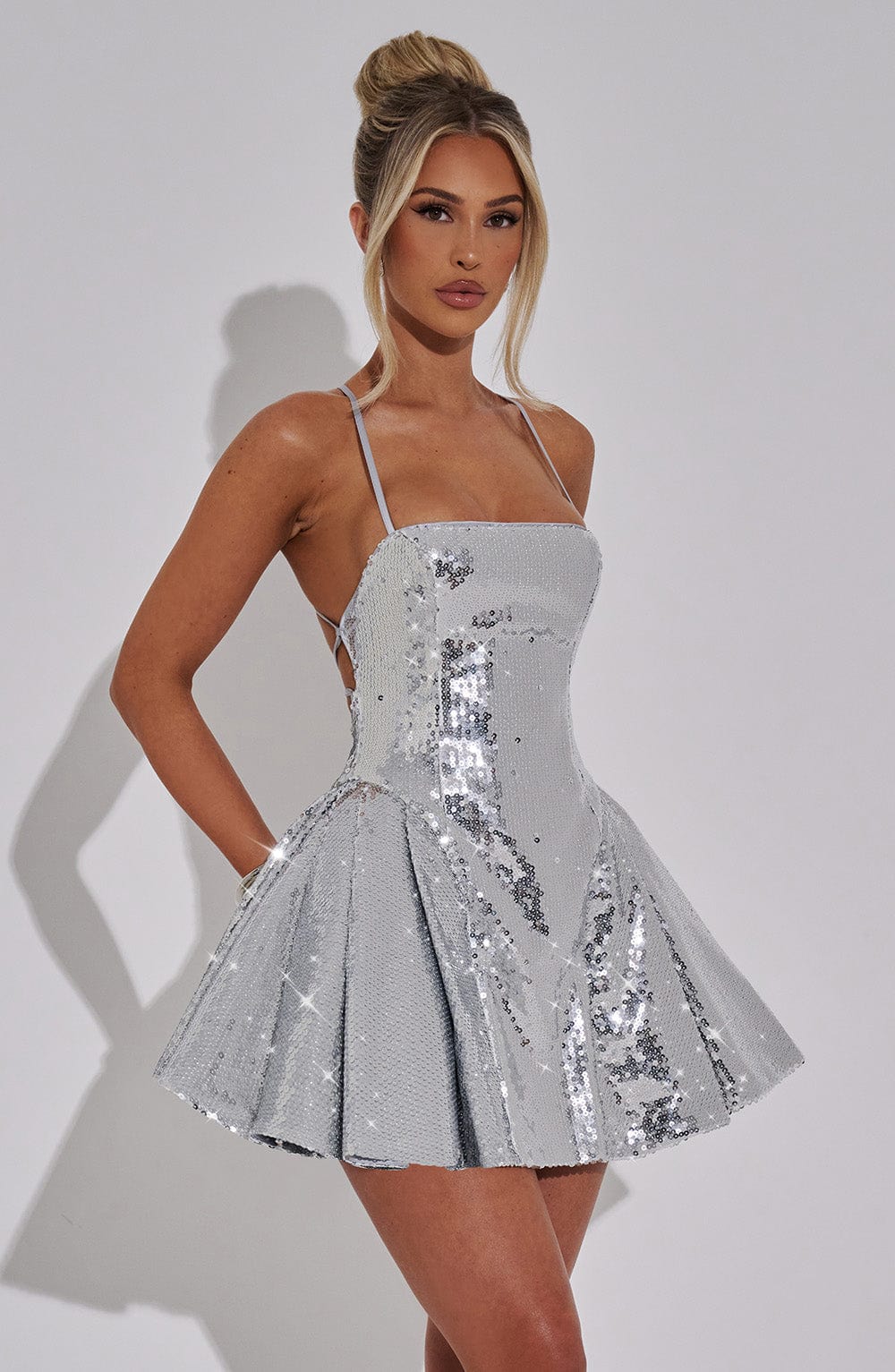 Sequin Straight Neck Spaghetti Strap Fitted Bodice Skater Mini Dress 6