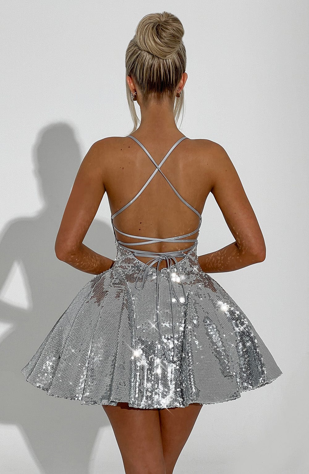 Sequin Straight Neck Spaghetti Strap Fitted Bodice Skater Mini Dress 14