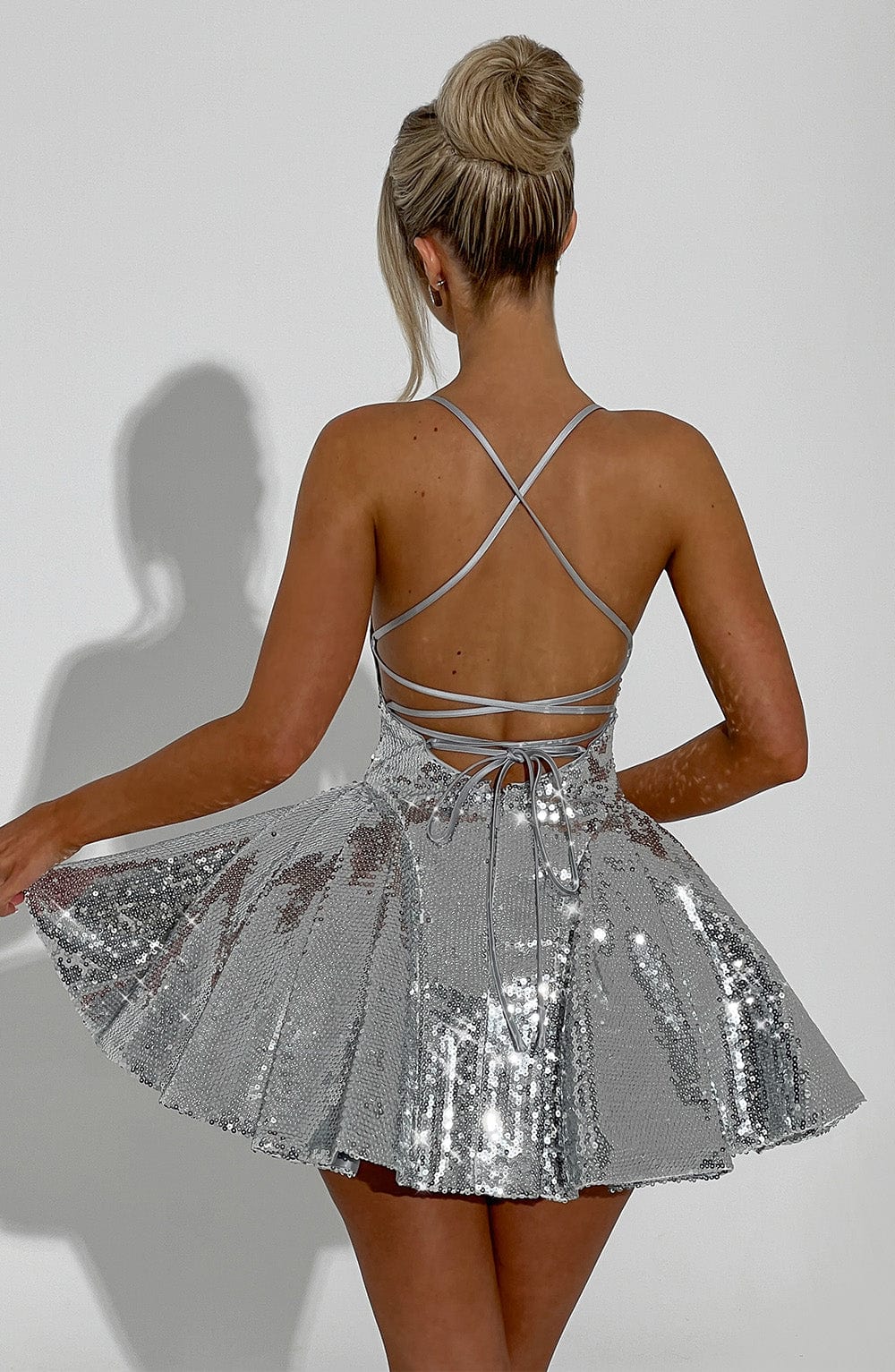 Sequin Straight Neck Spaghetti Strap Fitted Bodice Skater Mini Dress 13