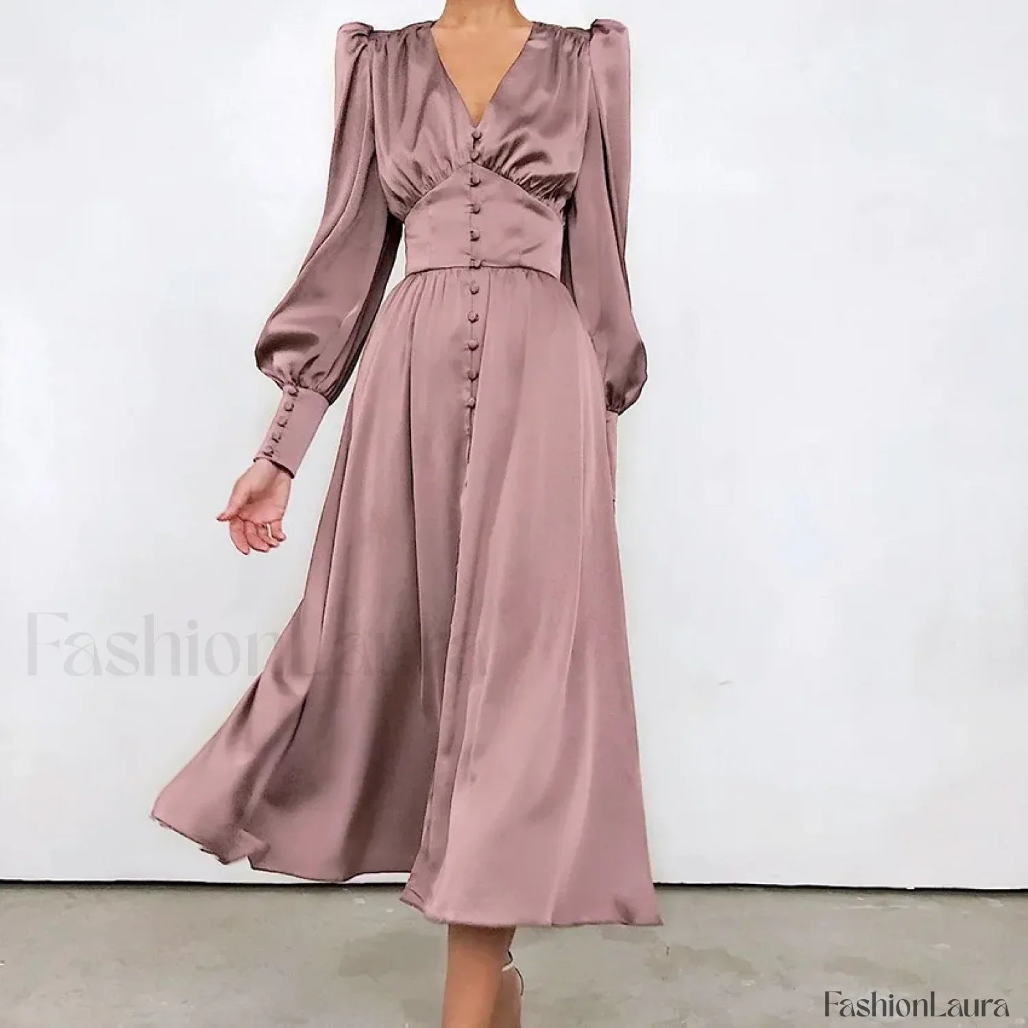Elegant and fashionable Women's Fall V-neck Satin Full Button Skinny Vintage Split Maxi Dress