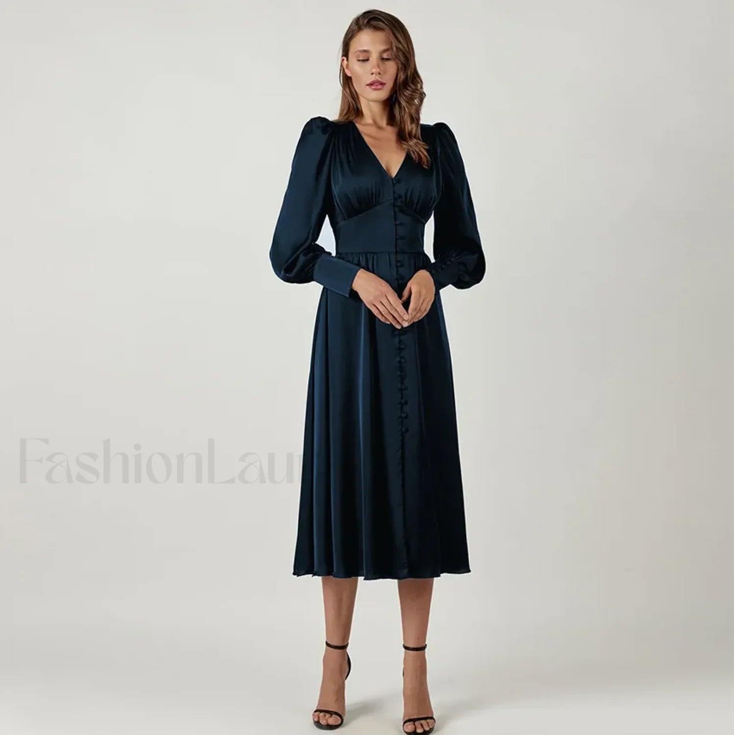 Elegant and fashionable Women's Fall V-neck Satin Full Button Skinny Vintage Split Maxi Dress