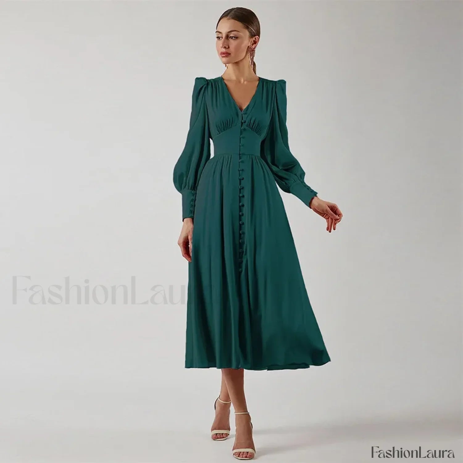 Elegant and fashionable Women's Fall V-neck Satin Full Button Skinny Vintage Split Maxi Dress