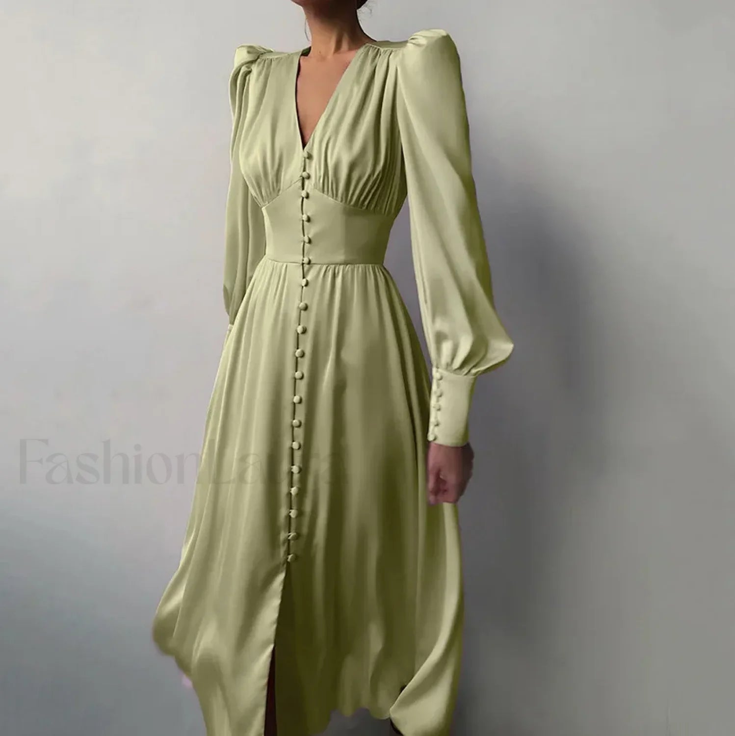 Elegant and fashionable Women’s Fall V neck Satin Full Button Skinny Vintage Split Maxi Dress Green / XS