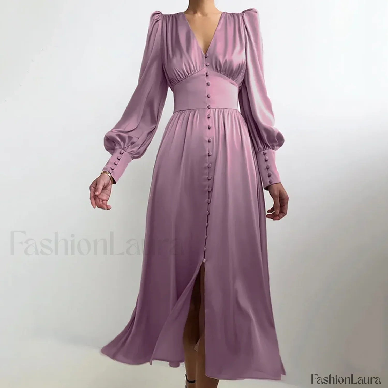 Elegant and fashionable Women's Fall V-neck Satin Full Button Skinny Vintage Split Maxi Dress