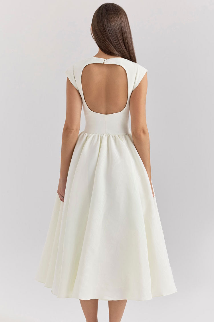 Elegant Boat Neck Cap Sleeve Cutout Back Fit & Flare Cocktail Midi Dress