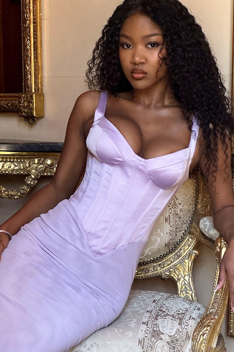 Elegant Bustier Sleeveless Satin Spliced Mesh Bodycon Evening Maxi Dress