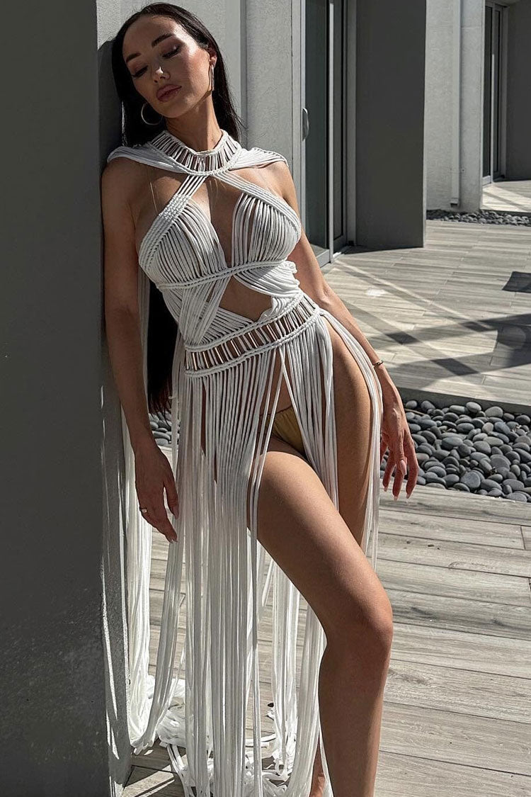 Refined Cape Macrame Cutout Crochet Fringe Beach Vacation Maxi Dress - White