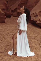 Elegant Deep V Bishop Sleeve High Split Evening Maxi Dress - White 3