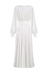 Elegant Deep V Bishop Sleeve High Split Evening Maxi Dress - White 4