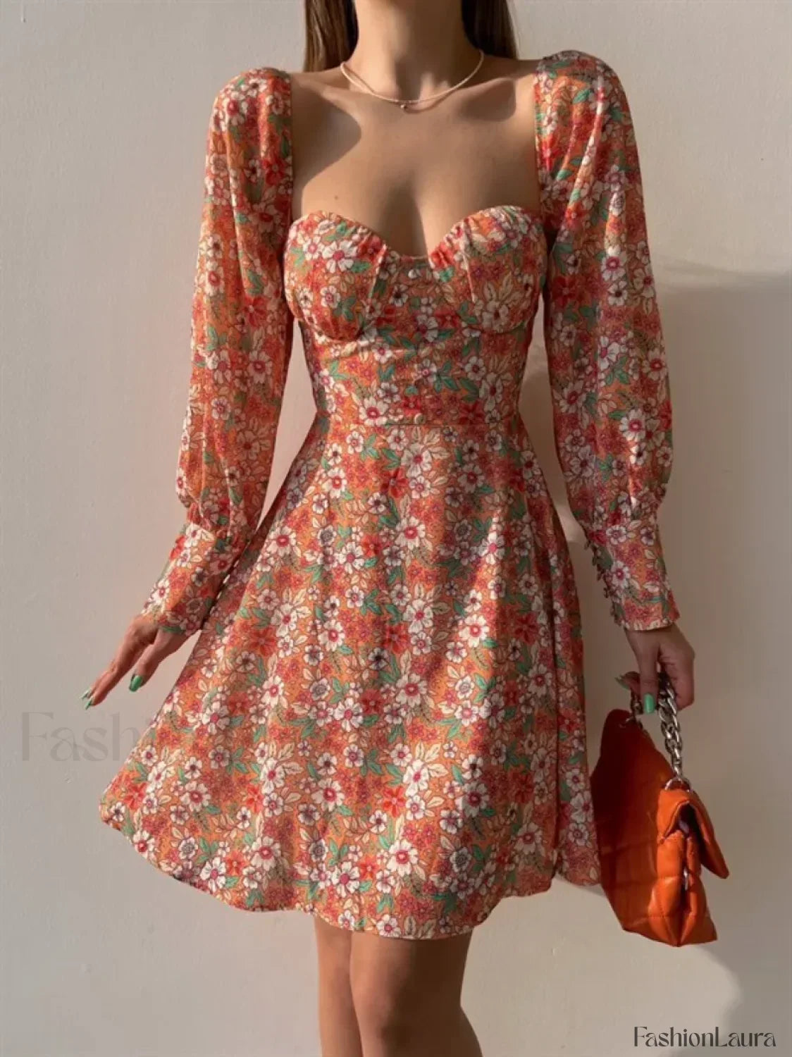 Elegant Dot Floral Prints Spring/Summer Women's Low Cut Square Neck Full Lantern Sleeve Mini Dress
