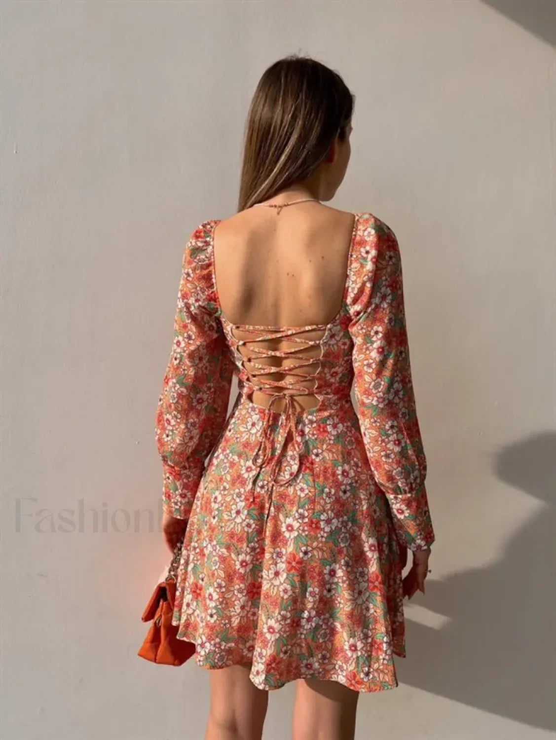 Elegant Dot Floral Prints Spring/Summer Women's Low Cut Square Neck Full Lantern Sleeve Mini Dress
